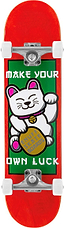 The Enuff Lucky Cat Mini Red Complete Skateboard (7.25" x 29.5") features a waving white lucky cat on a green background with a gold coin and "MAKE YOUR OWN LUCK" text. Great for kids or beginners. Brand: Enuff.