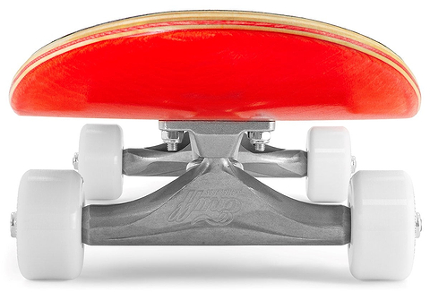 Close-up of the underside of the Enuff Lucky Cat Mini Red Complete Skateboard (7.25" x 29.5") featuring a red deck, silver trucks, and white wheels—ideal for kids and fans of Enuff skateboards.