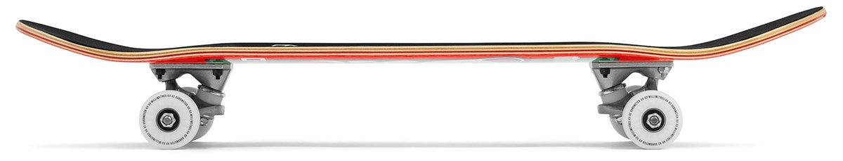 A side view of the Enuff Lucky Cat Mini Red Complete Skateboard - 7.25" x 29.5", ideal for beginners or kids, highlights its curved deck, white wheels, and metal trucks against a white background.