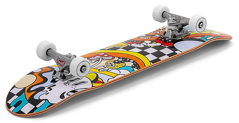 The Enuff Meltworld Mini Confused Complete Skateboard (7.25" x 29.5") features a vibrant cartoon mushroom and abstract graphic deck with white wheels and trucks, perfect for kids who love colorful designs.
