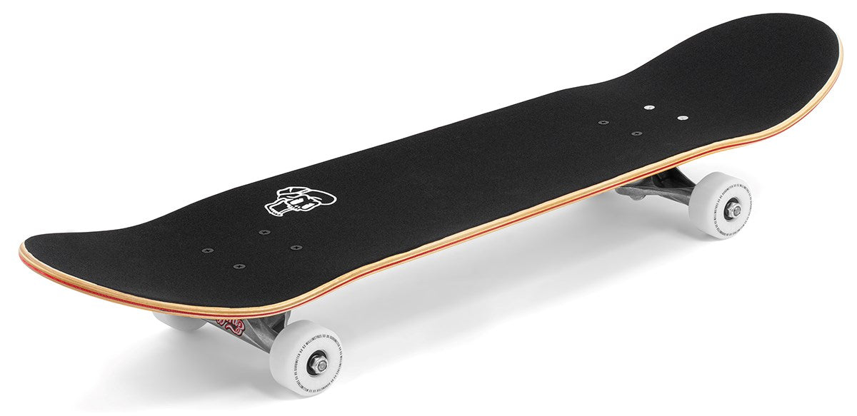 The Enuff Meltworld Mini Confused Complete Skateboard (7.25" x 29.5") features a black deck with white wheels, natural wood edges, and a small white logo on the grip tape—ideal for kids and shown angled against a white background.