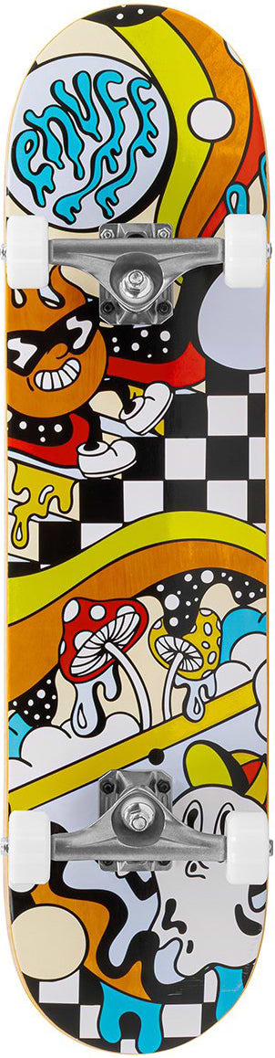 The Enuff Meltworld Mini Confused Complete Skateboard (7.25" x 29.5") by Enuff features energetic, playful artwork in black, white, yellow, red, and blue with cartoon characters, mushrooms, and checkered patterns for a fun kids’ ride.