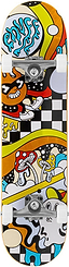 The Enuff Meltworld Mini Confused Complete Skateboard (7.25" x 29.5") by Enuff features energetic, playful artwork in black, white, yellow, red, and blue with cartoon characters, mushrooms, and checkered patterns for a fun kids’ ride.