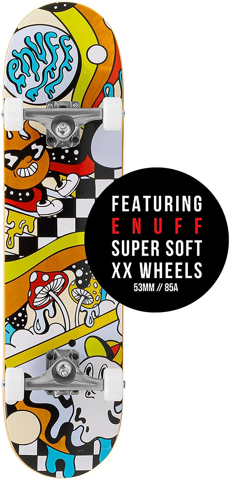 The Enuff Meltworld Confused Complete Skateboard (7.75" x 31.5") is shown vertically, featuring colorful psychedelic art and white ENUFF super soft XX wheels (53mm // 85A). A black circle overlay highlights the wheel details in bold text.