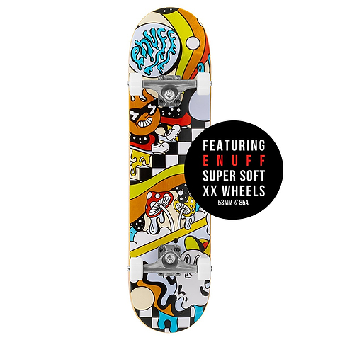 The Enuff Meltworld Mini Confused Complete Skateboard (7.25" x 29.5") features a vibrant psychedelic design with mushrooms and checkered patterns, plus Enuff XX super soft 53mm/85A wheels—perfect for young riders.