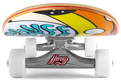 Front-facing view of the Enuff Meltworld Mini Confused Complete Skateboard (7.25" x 29.5") by Enuff, showing white wheels, silver trucks, and a vibrant, detailed graphic on the deck's underside.