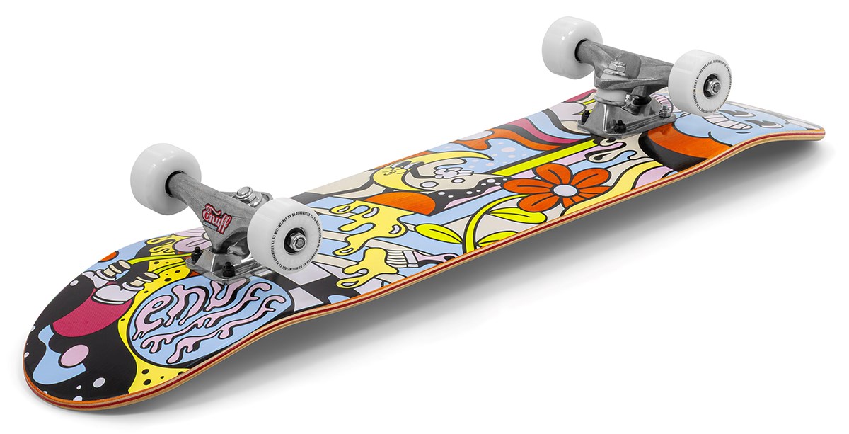 The Enuff Meltworld Dazed Complete Skateboard - 7.75" x 31.5" features a maple deck with white wheels and vibrant abstract graphics, making it an ideal choice for beginner skateboarders.