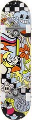 The Enuff Meltworld Dazed Complete Skateboard (7.75" x 31.5") features colorful cartoon-style art with abstract shapes, smiling faces, flowers, and bold lines in orange, yellow, blue, and black for a vibrant beginner board.
