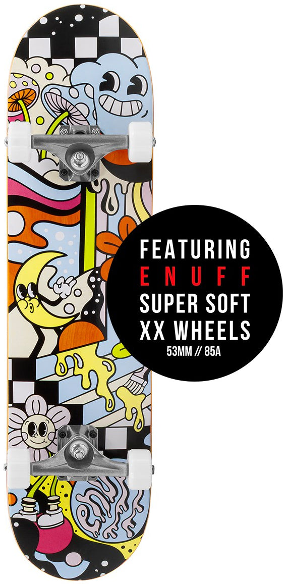 A colorful skateboard with cartoon graphics and white wheels on a durable maple deck. Black circle overlay: "Featuring Enuff super soft XX wheels, 53mm // 85A." Ideal for beginners—try the Enuff Meltworld Dazed Complete Skateboard by Enuff!.