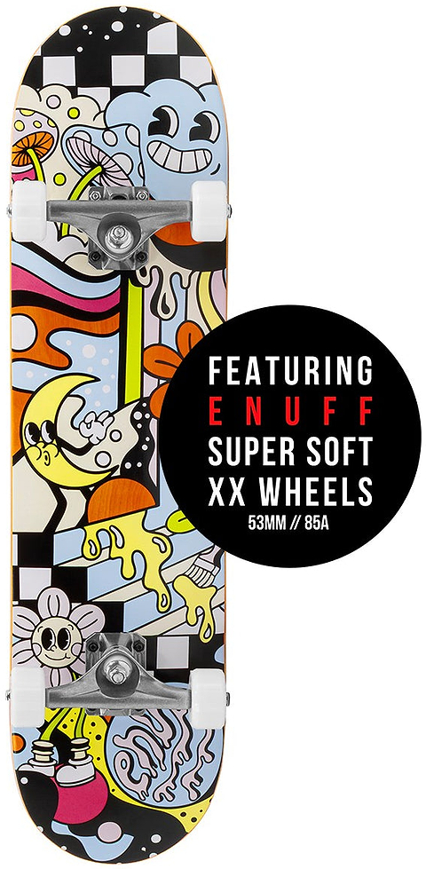 A colorful skateboard with cartoon graphics and white wheels on a durable maple deck. Black circle overlay: "Featuring Enuff super soft XX wheels, 53mm // 85A." Ideal for beginners—try the Enuff Meltworld Dazed Complete Skateboard by Enuff!.
