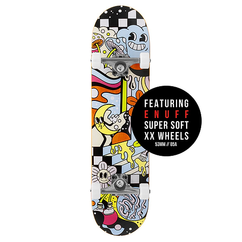 The Enuff Meltworld Mini Dazed Complete Skateboard (7.25" x 29.5") features playful cartoon graphics and Enuff’s super soft 53mm 85A XX wheels—perfect as a kids’ skateboard.