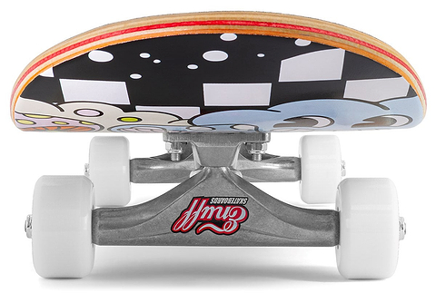 Front view of the Enuff Meltworld Mini Dazed Complete Skateboard (7.25" x 29.5") by Enuff, featuring white wheels, metal trucks, and a colorful cartoon-style patterned deck with checkerboard—ideal for kids.