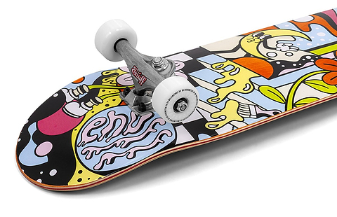 A close-up of the Enuff Meltworld Dazed Complete Skateboard - 7.75" x 31.5" by Enuff, featuring colorful abstract cartoon art on a maple deck with silver trucks and white wheels—an ideal vibrant skateboard for beginners.