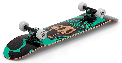 The Enuff Pyro III Blue Complete Skateboard (7.75" x 31.5") by Enuff features a 7-ply maple deck, white wheels, a black background with green and tan skull graphics, ideal as an entry-level board for new skaters.