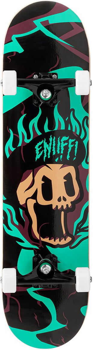 The Enuff Pyro III Blue Complete Skateboard (7.75" x 31.5") features a 7-ply maple deck, white wheels, black trucks, and a tan skull with green and purple flames beneath "ENJIFFI"—ideal for beginners.