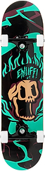 The Enuff Pyro III Blue Complete Skateboard (7.75" x 31.5") features a 7-ply maple deck, white wheels, black trucks, and a tan skull with green and purple flames beneath "ENJIFFI"—ideal for beginners.