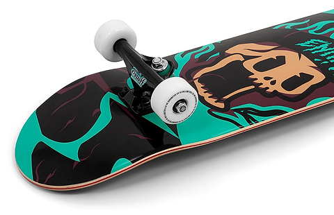 The Enuff Pyro III Blue Complete Skateboard (7.75" x 31.5") by Enuff features a 7-ply maple deck, white wheels, and a vibrant blue graphic—ideal for beginners.