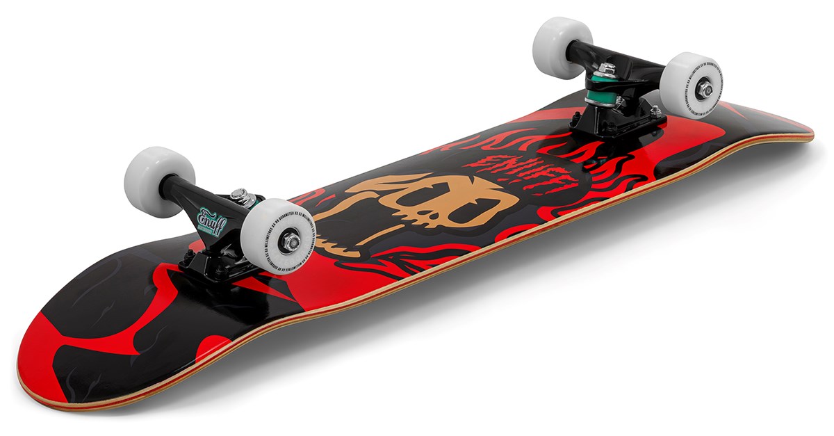 The Enuff Pyro III Red Complete Skateboard (7.75" x 31.5") features a bold skull graphic on a 7-ply maple deck, with white wheels and black trucks, shown angled on a white background.