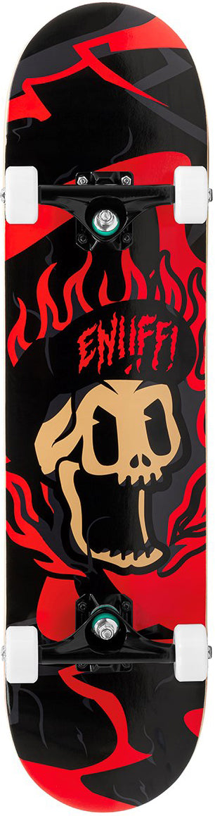 The Enuff Pyro III Red Complete Skateboard - 7.75" x 31.5" features a tan skull with red flames and bold red "ENUFF" lettering on a durable 7-ply maple deck. This entry-level board comes fully assembled with wheels and trucks.