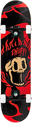 The Enuff Pyro III Red Complete Skateboard - 7.75" x 31.5" features a tan skull with red flames and bold red "ENUFF" lettering on a durable 7-ply maple deck. This entry-level board comes fully assembled with wheels and trucks.