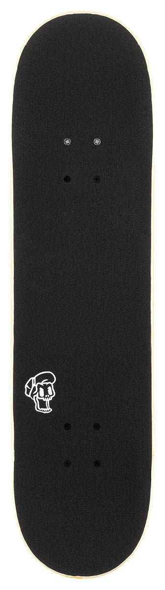 The Enuff Pyro III Red Complete Skateboard (7.75" x 31.5") by Enuff is shown from above on a white background, featuring a black 7-ply maple deck with a small white skull graphic near one end.