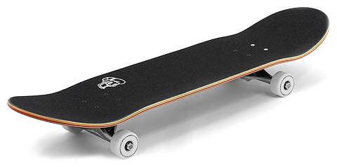 The Enuff Three Tier Reloaded Black Complete Skateboard (8.0" x 32.0") features a 7-ply maple deck, textured grip, white wheels, and a small white front graphic, highlighted by its upturned nose and tail from a low-angle view.
