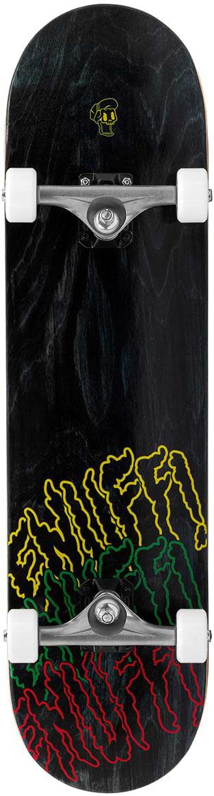 The Enuff Three Tier Reloaded Black Complete Skateboard (8.0" x 32.0") features white wheels, silver trucks, and a deck with yellow, green, and red graffiti-style text plus a small skull graphic near the top.