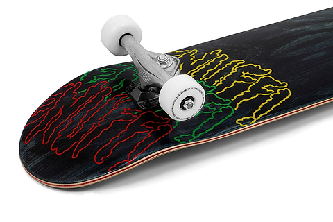 A close-up of the Enuff Three Tier Reloaded Black Complete Skateboard (8.0" x 32.0") by Enuff, featuring white wheels, silver trucks, and a black deck with a vibrant abstract design in red, yellow, and green lines.