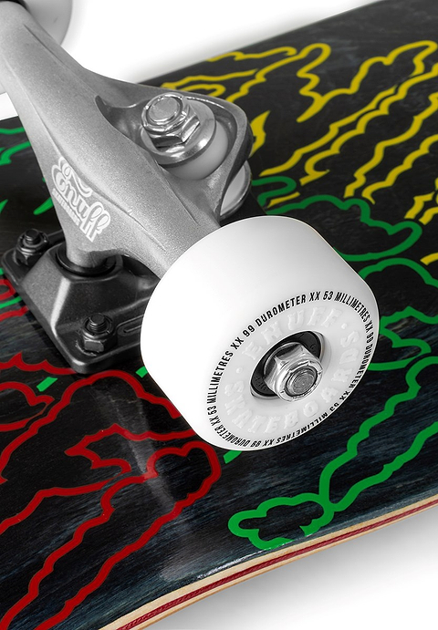 Close-up of the Enuff Three Tier Reloaded Black Complete Skateboard (8.0" x 32.0") by Enuff, showing its wheel and truck on a 7-ply maple deck against a black background with wavy yellow, red, and green lines. Part of the white wheel’s text is visible.