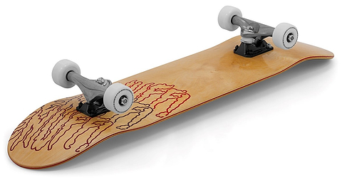 The Enuff Three Tier Reloaded Natural Complete Skateboard (8.0" x 32.0") by Enuff features a 7-ply maple deck, white wheels, silver trucks, ABEC 7 bearings, and an abstract red and brown line design on the top near one end.