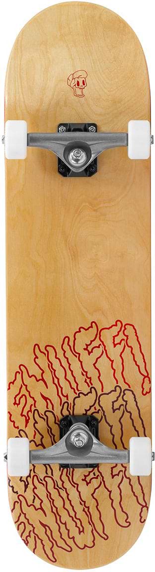 The Enuff Three Tier Reloaded Natural Complete Skateboard (8.0" x 32.0") features a 7-ply maple deck with red and black abstract graphics, white wheels, ABEC 7 bearings, trucks, and a small skull graphic near the top.