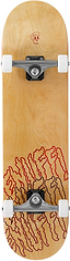 The Enuff Three Tier Reloaded Natural Complete Skateboard (8.0" x 32.0") features a 7-ply maple deck with red and black abstract graphics, white wheels, ABEC 7 bearings, trucks, and a small skull graphic near the top.