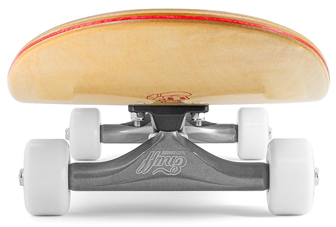 Close-up, low-angle view of the Enuff Three Tier Reloaded Natural Complete Skateboard (8.0" x 32.0") by Enuff, showing the underside of its 7-ply maple deck, white wheels, and gray metal truck with logo, emphasizing its quality build and design.