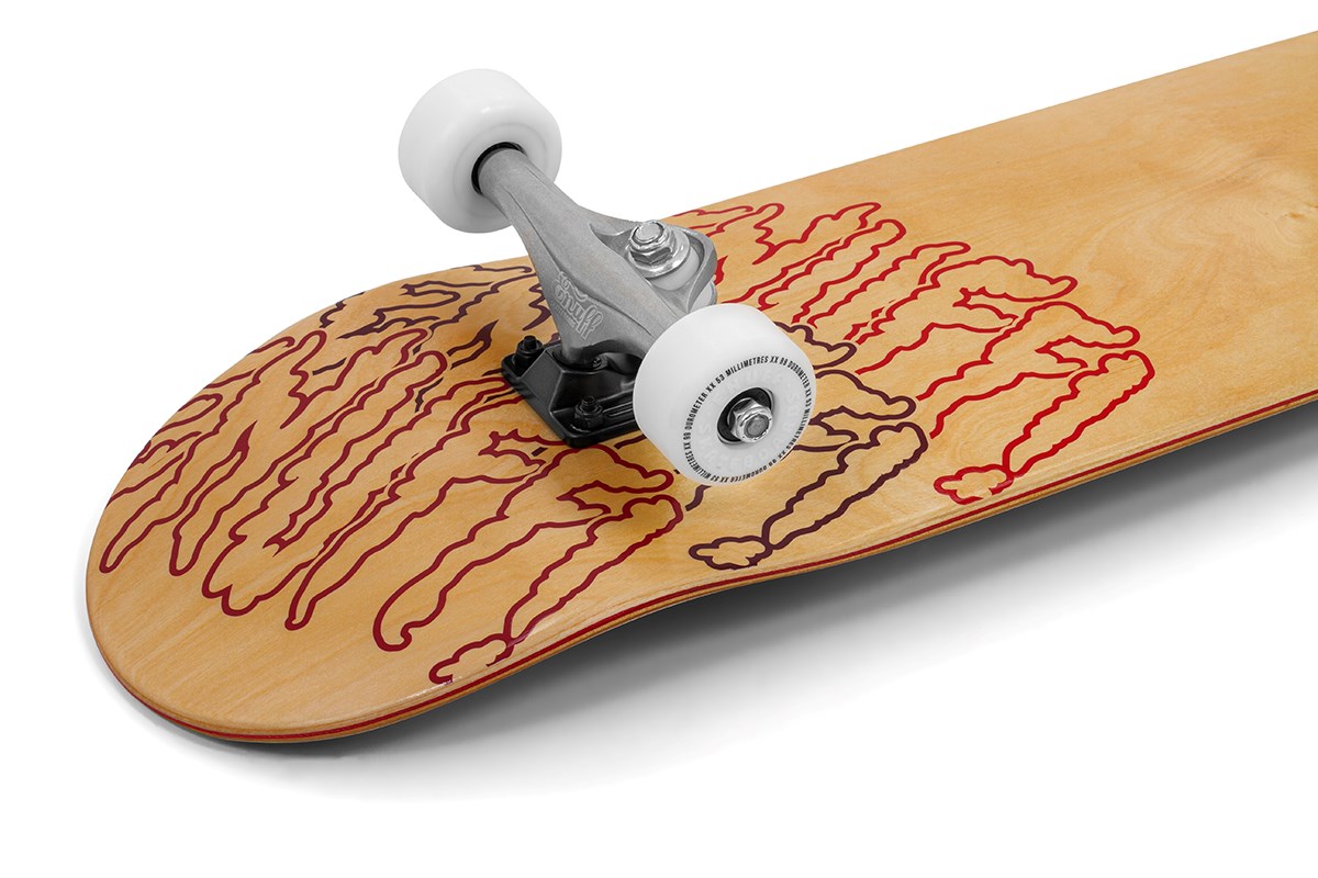 A close-up of the Enuff Three Tier Reloaded Natural Complete Skateboard (8.0" x 32.0") by Enuff, showing its 7-ply maple deck with red abstract art, silver trucks, ABEC 7 bearings, and white wheels on a plain white background.