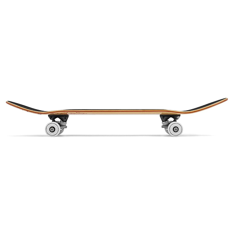 A side view of the Enuff Three Tier Reloaded Natural Complete Skateboard (8.0" x 32.0") by Enuff, with a 7-ply maple deck, black grip tape, white wheels with ABEC 7 bearings, and curved upward ends.