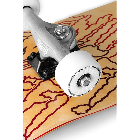 Close-up of the Enuff Three Tier Reloaded Natural Complete Skateboard (8.0" x 32.0") by Enuff, showing a silver truck, white wheel with ABEC 7 bearings, and part of the 7-ply maple deck with red abstract line art.