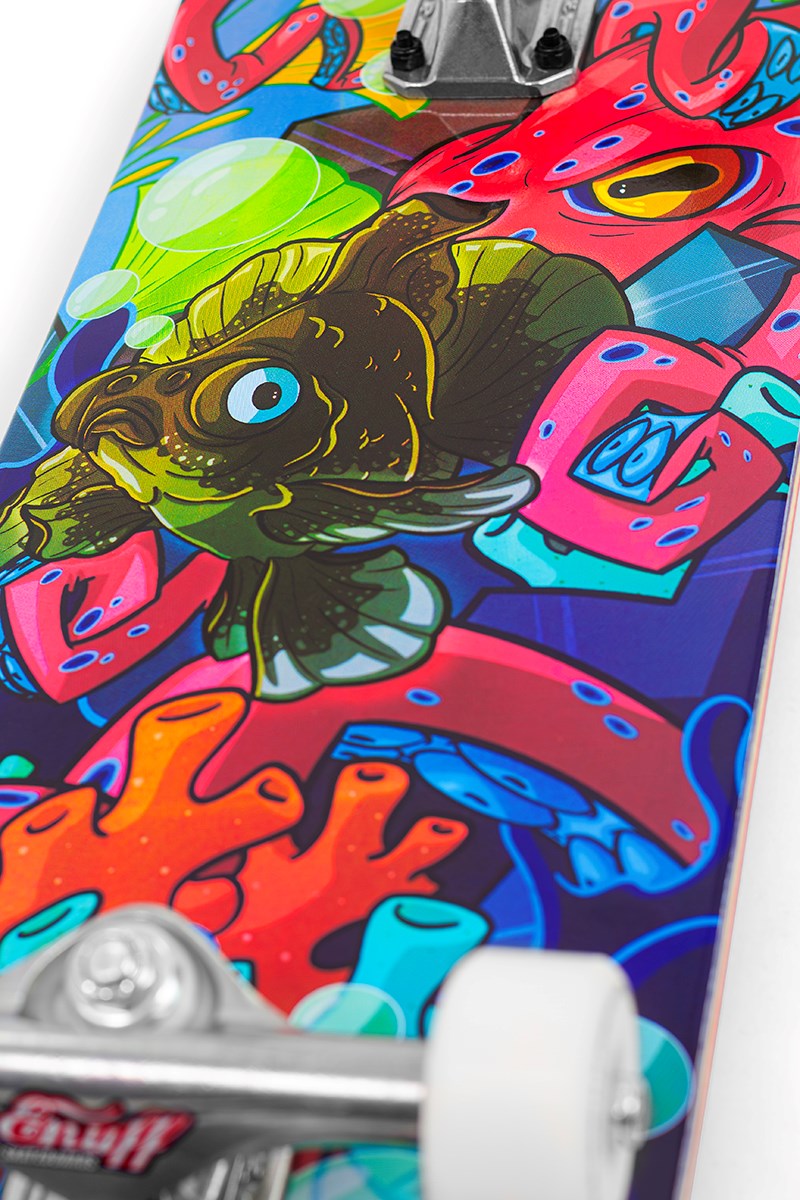 The Enuff Lost At Sea Goldfish Complete Skateboard - 8.0" x 32.0" features a vibrant fish with red octopus tentacles, orange coral, and bubbles—perfect for beginner skateboarders seeking color and style.