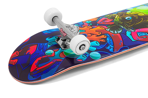 A close-up of the Enuff Lost At Sea Goldfish Complete Skateboard (8.0" x 32.0") by Enuff, featuring vibrant artwork with goldfish, abstract shapes, and bubbles. This complete skateboard comes with white wheels and silver trucks—great for beginners.