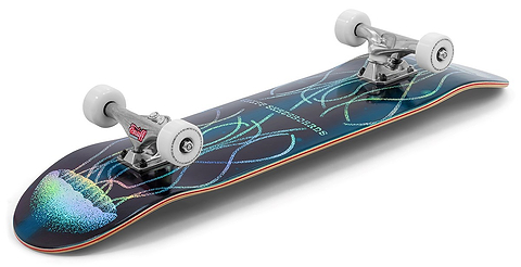 The Enuff Abyss Jellyfish Complete Skateboard (8.0" x 32.0") by Enuff features white wheels and trucks, a vibrant jellyfish graphic, and wavy lines on its dark maple deck.