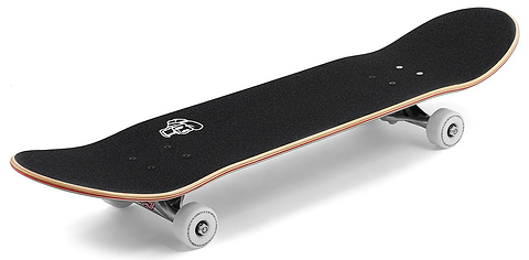 The Enuff Abyss Jellyfish Complete Skateboard (8.0" x 32.0") by Enuff features white wheels, silver trucks, a black deck with a white skull graphic on the griptape, exposed maple layers on the edges, all shown on a white background.