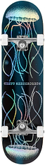 The Enuff Abyss Jellyfish Complete Skateboard (8.0" x 32.0") features a holographic jellyfish and wavy lines on a dark maple deck, silver trucks, white wheels, and bold distressed "Snuff Skateboards" text on top.