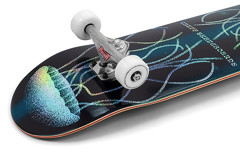A close-up of the Enuff Abyss Jellyfish Complete Skateboard - 8.0" x 32.0", featuring a vibrant jellyfish graphic on a dark maple deck, with white wheels and silver trucks by Enuff.