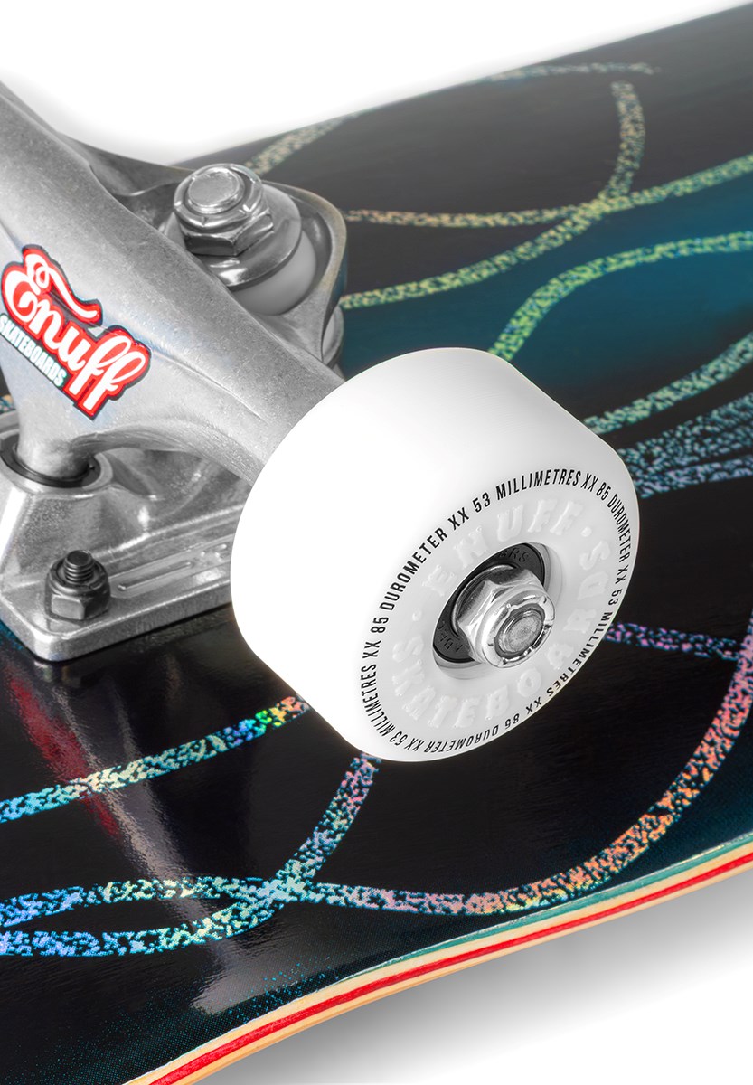 Close-up of an Enuff Abyss Jellyfish Complete Skateboard (8.0" x 32.0") wheel and truck on a glossy black deck with iridescent wavy lines. The white wheel features edge text, and the metal truck displays Enuff branding.
