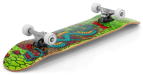 The Enuff Yokai Dragon Complete Skateboard (8.25" x 32.1") by Enuff features a striking Japanese dragon graphic with red and blue accents, white wheels, and silver trucks—all highlighted from a dramatic low angle.