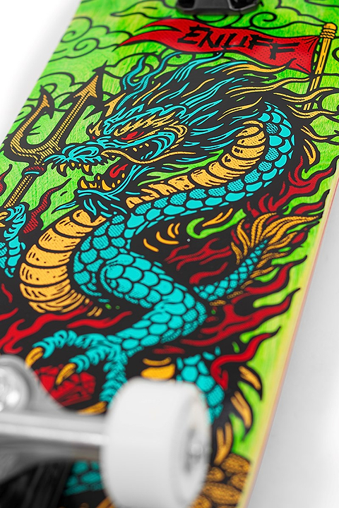 Close-up of the Enuff Yokai Dragon Complete Skateboard (8.25" x 32.1") by Enuff, showing its vibrant Japanese dragon artwork with red flames and a red flag logo, plus partially visible white wheels.