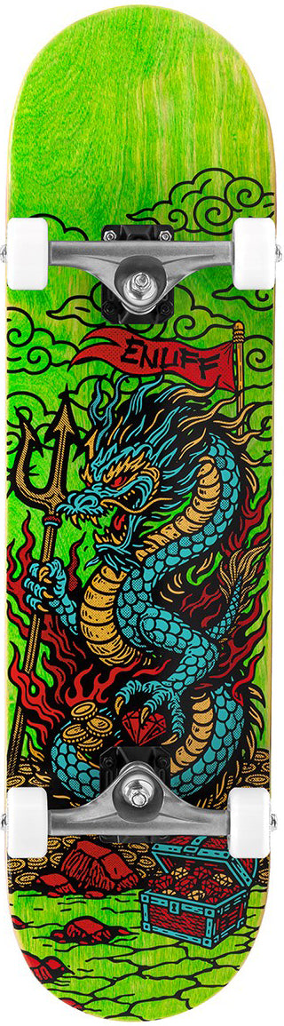 The Enuff Yokai Dragon Complete Skateboard - 8.25" x 32.1" features a fierce, colorful Japanese dragon with a trident amid flames, clouds, and treasure, plus "ENUFF" on a red flag—perfect for bold skaters seeking style and quality.