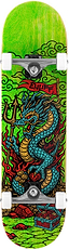 The Enuff Yokai Dragon Complete Skateboard - 8.25" x 32.1" features a fierce, colorful Japanese dragon with a trident amid flames, clouds, and treasure, plus "ENUFF" on a red flag—perfect for bold skaters seeking style and quality.