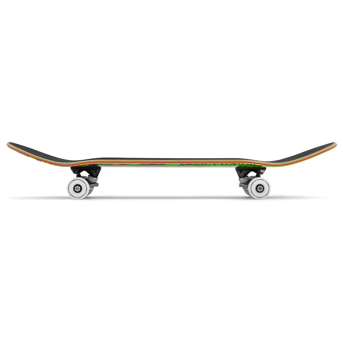 Side view of the Enuff Yokai Dragon Complete Skateboard - 8.25" x 32.1", by Enuff, showcasing black grip tape, white wheels, raised ends, and a vivid Japanese dragon graphic beneath its maple deck.