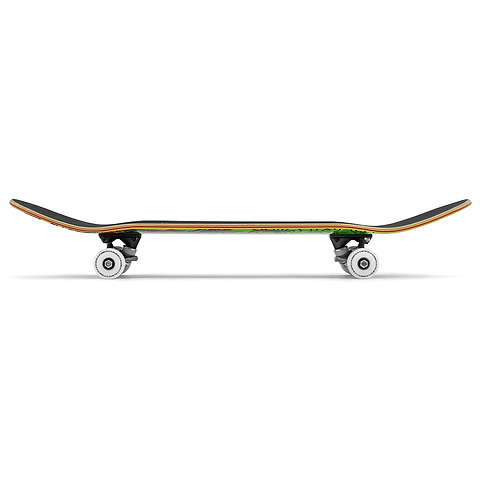 Side view of the Enuff Yokai Dragon Complete Skateboard - 8.25" x 32.1", by Enuff, showcasing black grip tape, white wheels, raised ends, and a vivid Japanese dragon graphic beneath its maple deck.