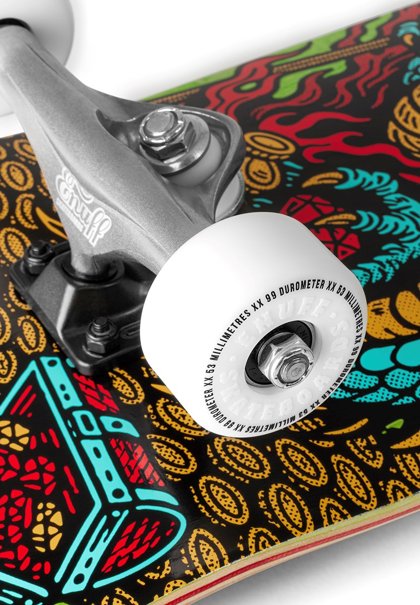 Close-up of the Enuff Yokai Dragon Complete Skateboard - 8.25" x 32.1" by Enuff, featuring a silver truck, white wheel, and a colorful maple deck with Japanese dragon graphics in red, blue, yellow, and turquoise.